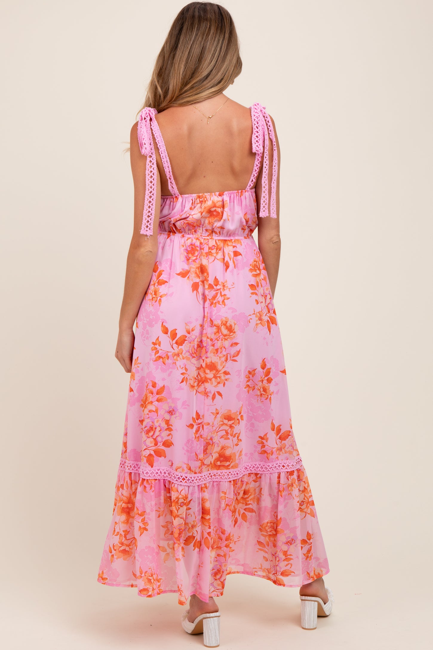 Pink Floral Shoulder Tie Tiered Maternity Maxi Dress