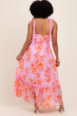 Pink Floral Shoulder Tie Tiered Maxi Dress