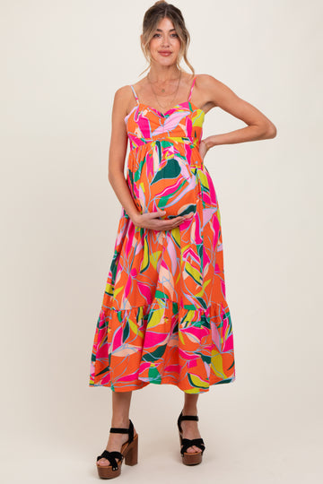 Orange Leaf Print Tie Back Maternity Maxi Dress