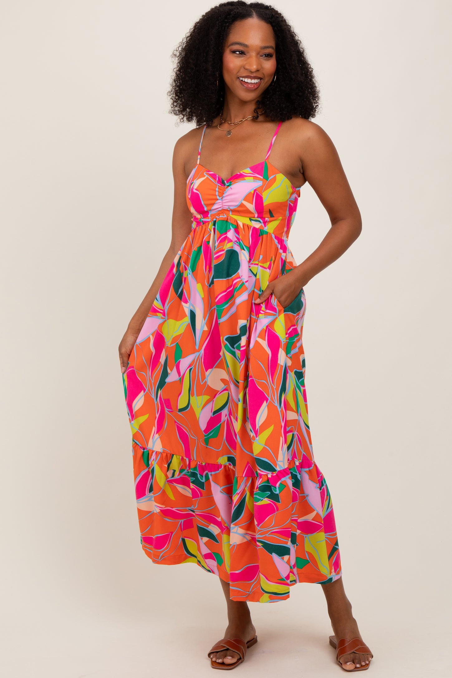 Orange Leaf Print Tie Back Maternity Maxi Dress