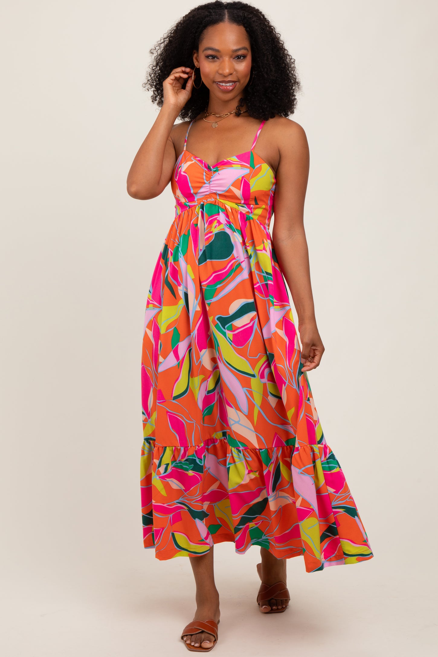 Orange Leaf Print Tie Back Maxi Dress