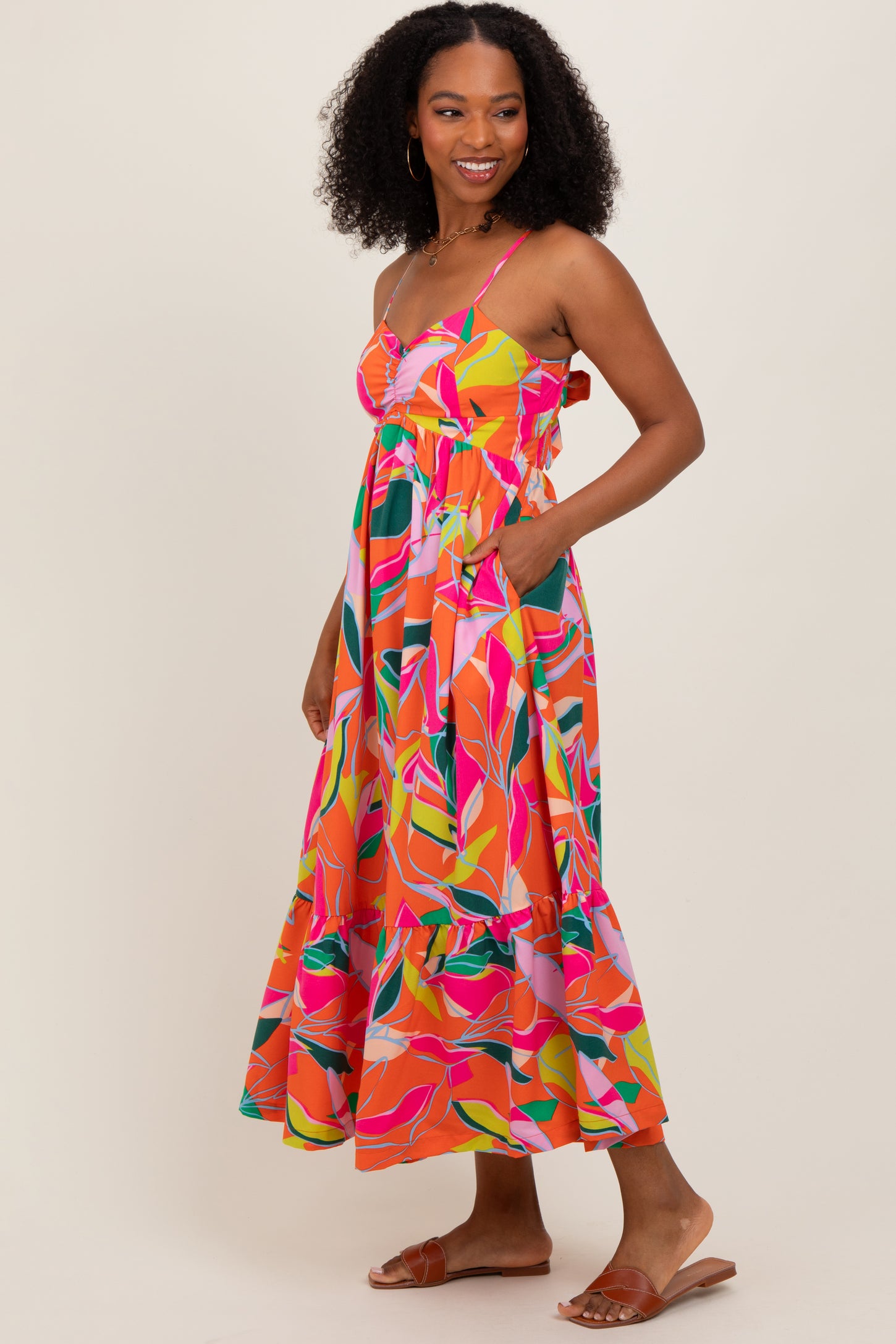 Orange Leaf Print Tie Back Maxi Dress