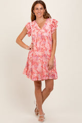 Pink Floral Chiffon Ruffle Short Sleeve Dress