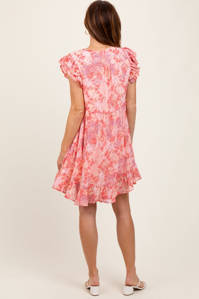 Pink Floral Chiffon Ruffle Short Sleeve Dress