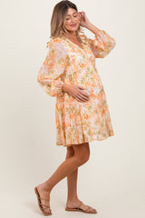 Orange Floral Chiffon Babydoll Long Sleeve Maternity Dress