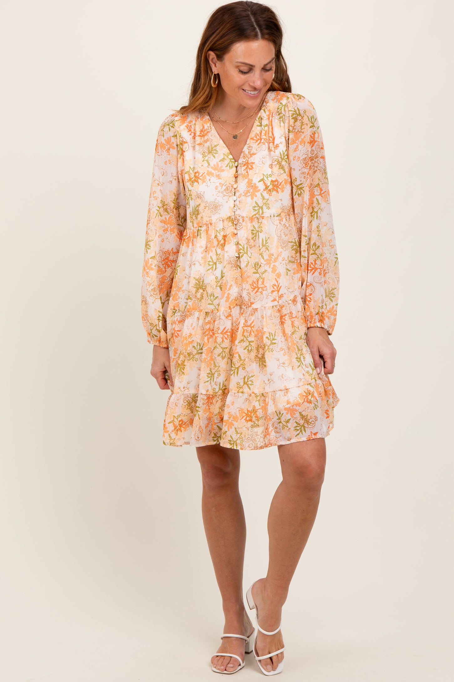 Orange Floral Chiffon Babydoll Long Sleeve Dress