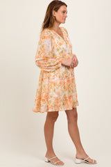 Orange Floral Chiffon Babydoll Long Sleeve Dress