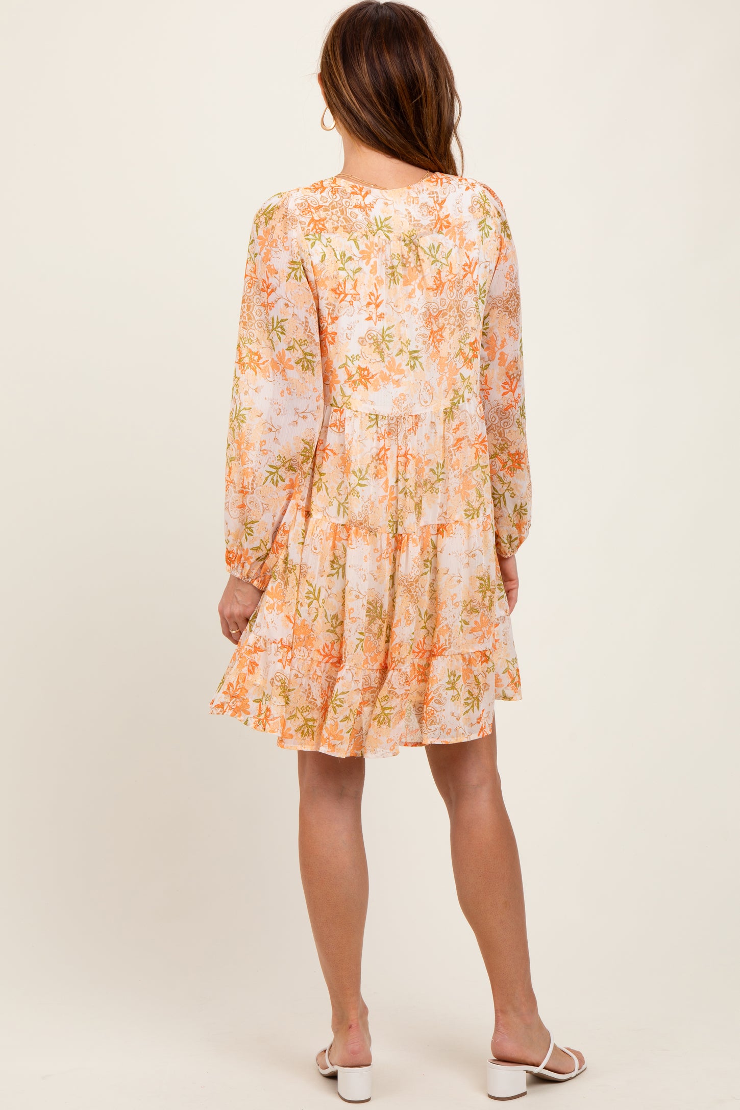 Orange Floral Chiffon Babydoll Long Sleeve Dress