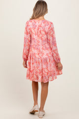 Pink Floral Chiffon Babydoll Long Sleeve Maternity Dress