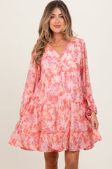 Pink Floral Chiffon Babydoll Long Sleeve Maternity Dress