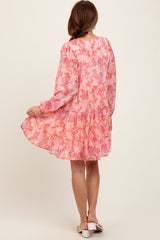 Pink Floral Chiffon Babydoll Long Sleeve Dress