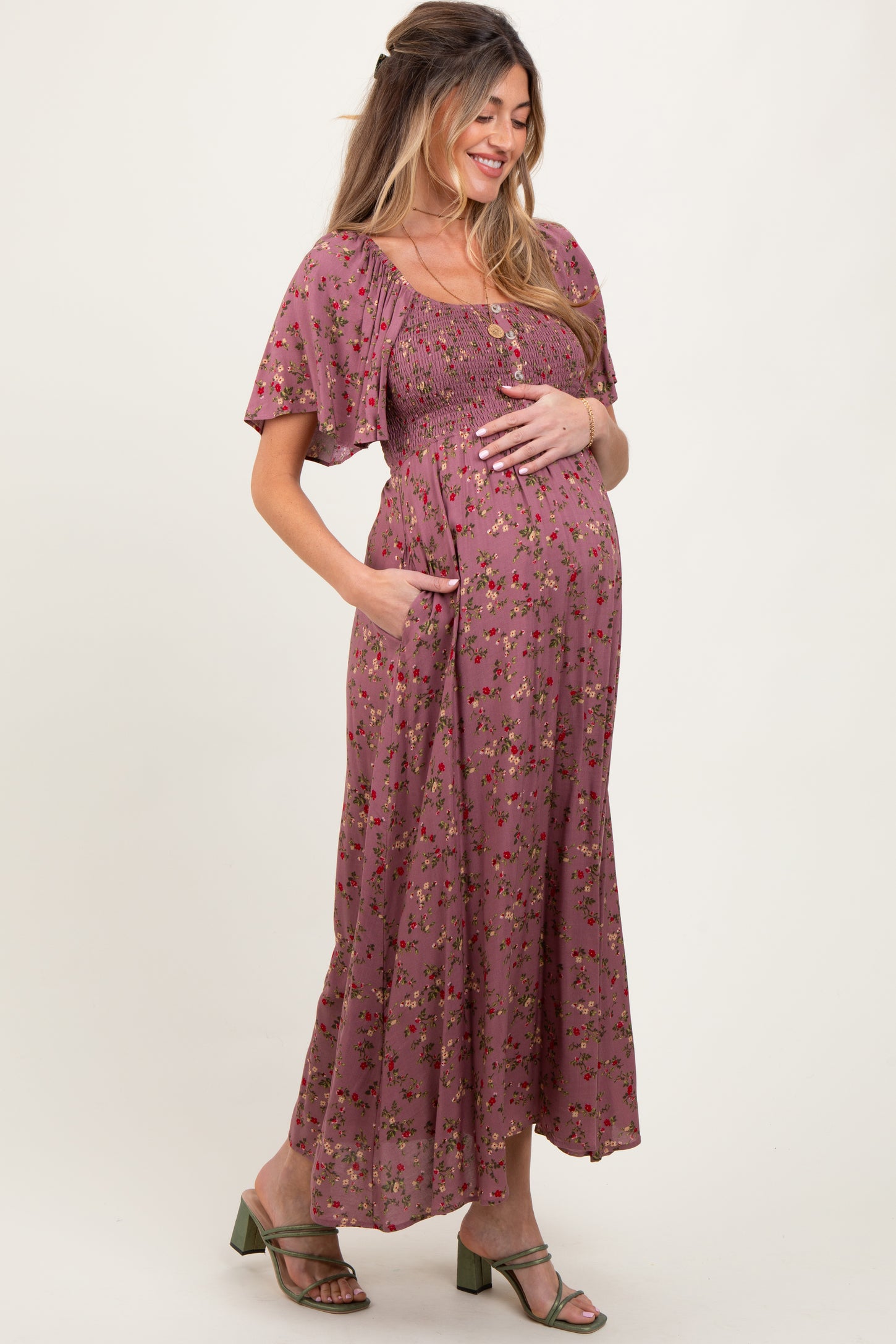 Mauve Floral Smocked Button Front Short Sleeve Maternity Maxi Dress