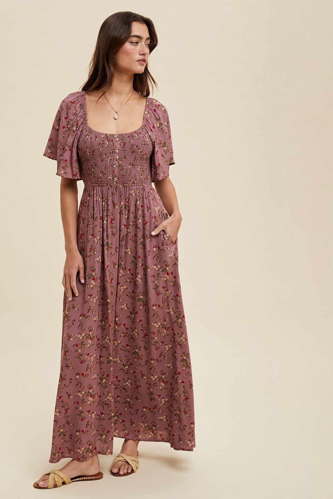 Mauve Floral Smocked Button Front Short Sleeve Maxi Dress
