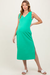 Green V-Neck Sleeveless Side Slit Maternity Midi Dress