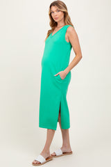 Green V-Neck Sleeveless Side Slit Maternity Midi Dress
