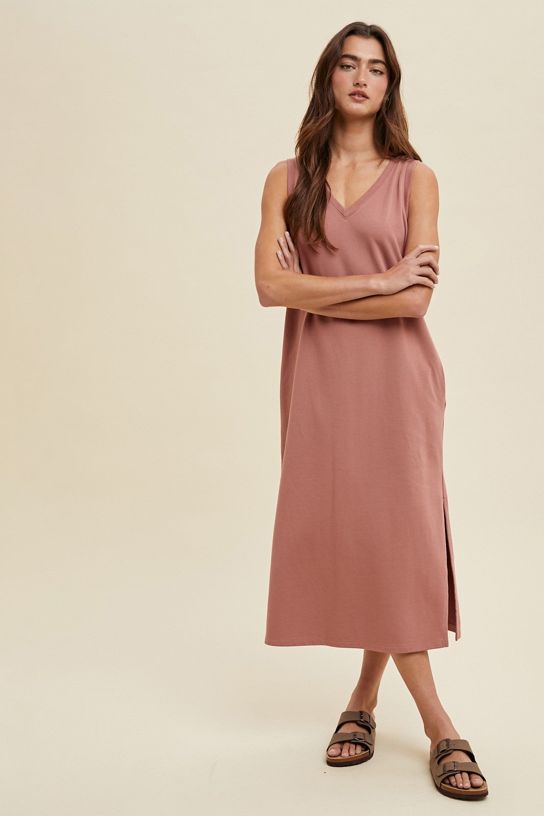 Rust V-Neck Sleeveless Side Slit Maternity Midi Dress