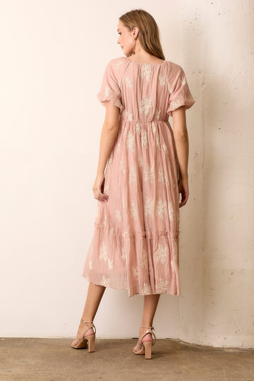 Salmon Floral Print Ruffle Hem Midi Dress