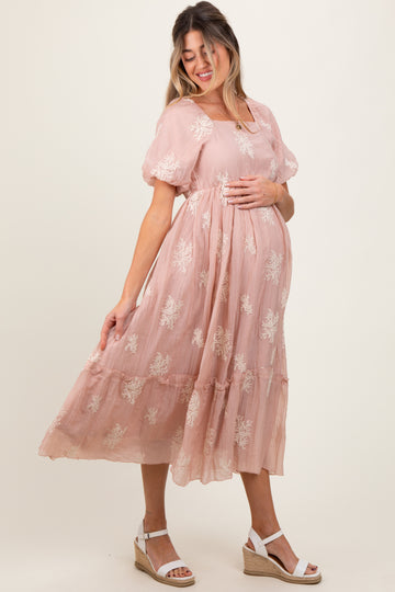 Salmon Floral Print Ruffle Hem Maternity Midi Dress