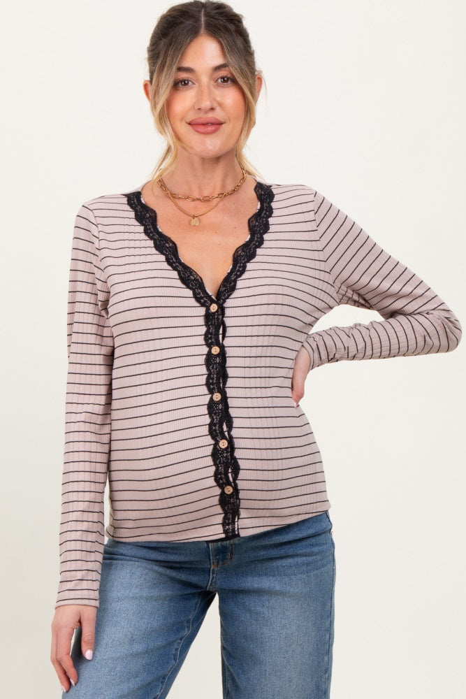 Mocha Striped Ribbed Long Sleeve Lace Detail Button Down Maternity Cardigan