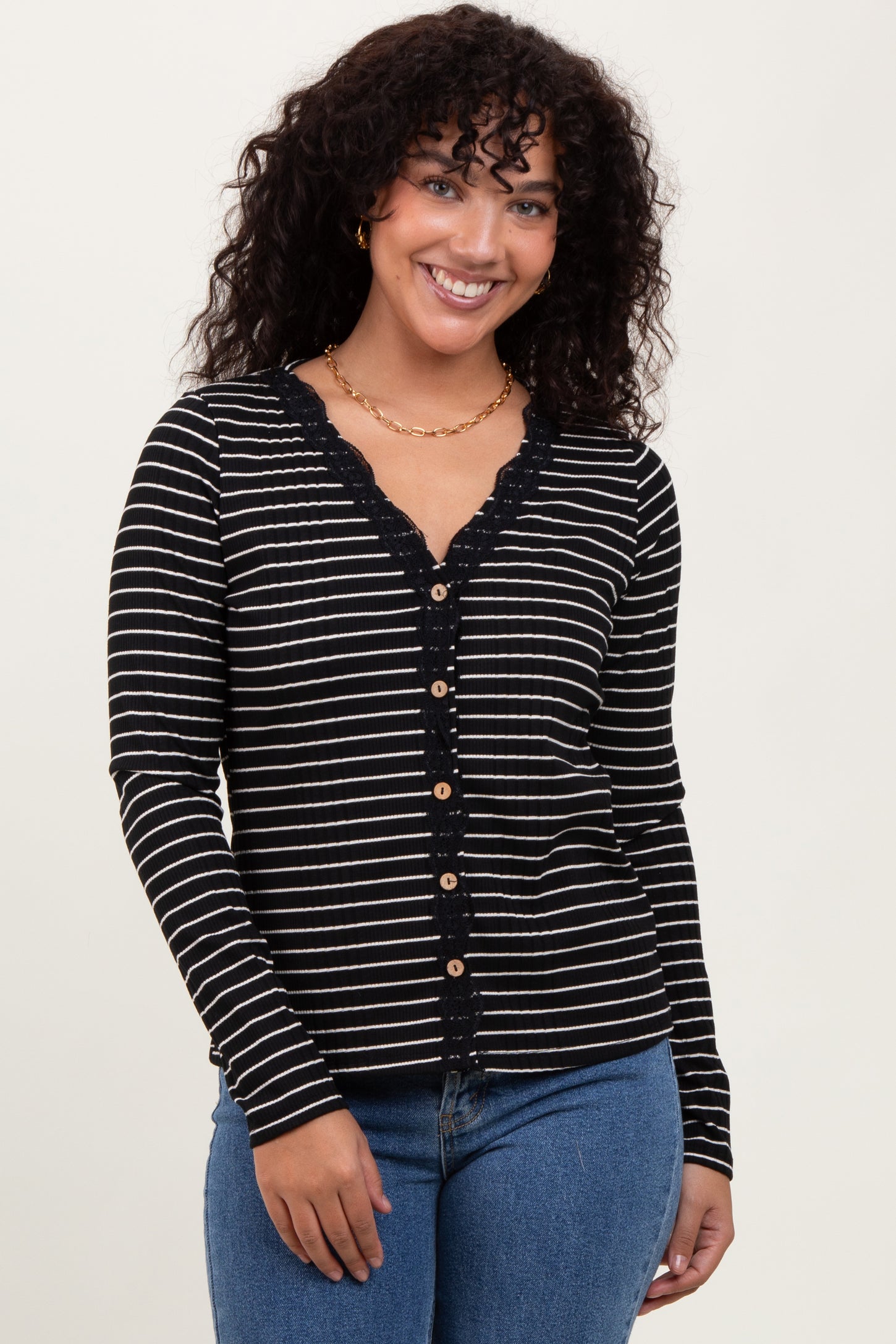 Black Striped Ribbed Long Sleeve Lace Detail Button Down Maternity Cardigan
