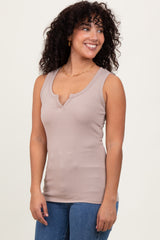 Mocha Solid Ribbed V-Neck Tank Top