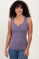 Purple Solid Ribbed V-Neck Maternity Tank Top