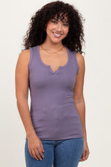 Purple Solid Ribbed V-Neck Tank Top