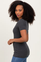 Charcoal Solid Ribbed Short Sleeve Round Neck Basic Top