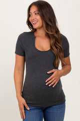 Charcoal Solid Ribbed Short Sleeve Round Neck Basic Maternity Top