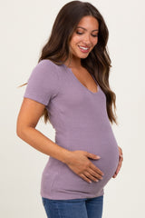 Mauve Solid Ribbed Short Sleeve Round Neck Basic Maternity Top