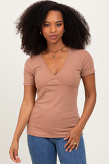Mocha Solid Ribbed Short Sleeve V-Neck Basic Maternity Top