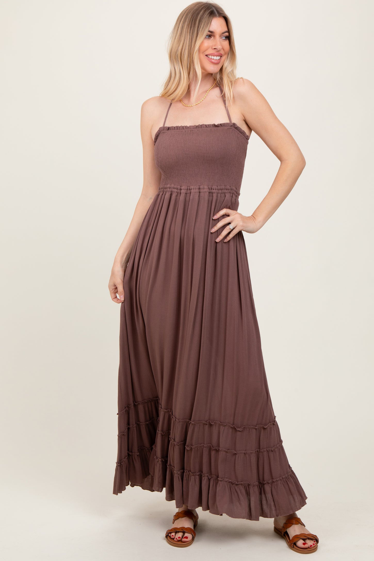 Mocha Smocked Woven Maternity Maxi Dress
