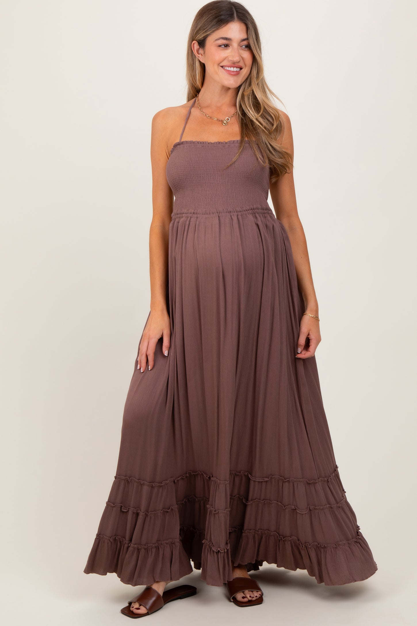 Mocha Smocked Woven Maternity Maxi Dress