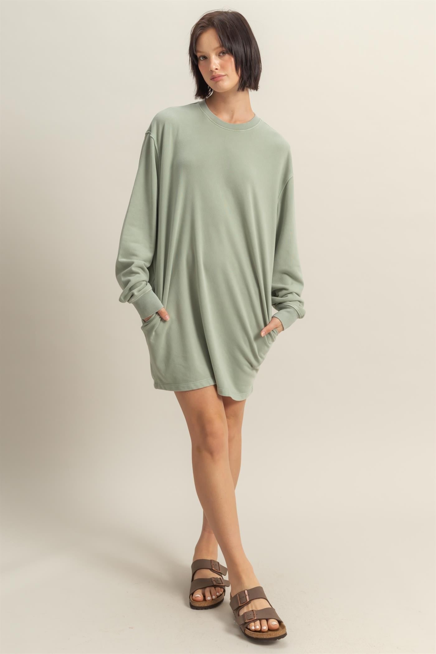 Sage Long Sleeve Oversized Sweatshirt Mini Dress