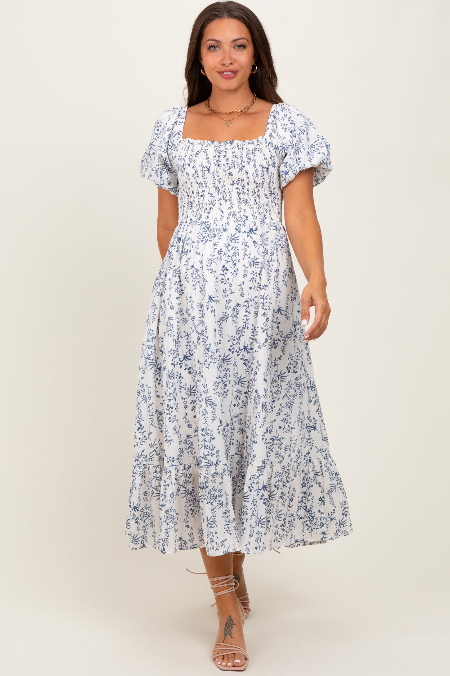 Cream Navy Leaf Printed Smocked Maternity Midi Dress