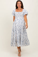 Cream Navy Leaf Printed Smocked Maternity Midi Dress