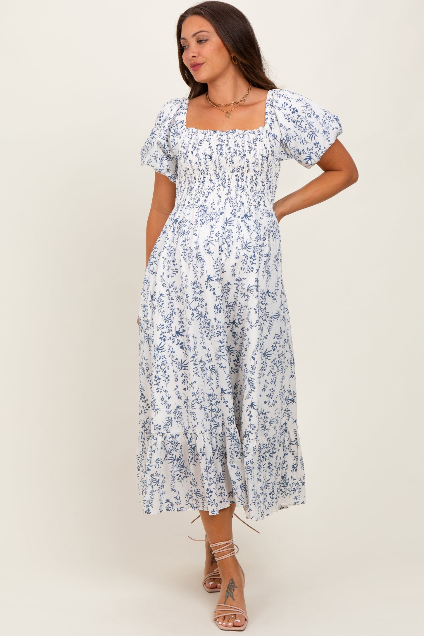 Cream Navy Leaf Printed Smocked Maternity Midi Dress