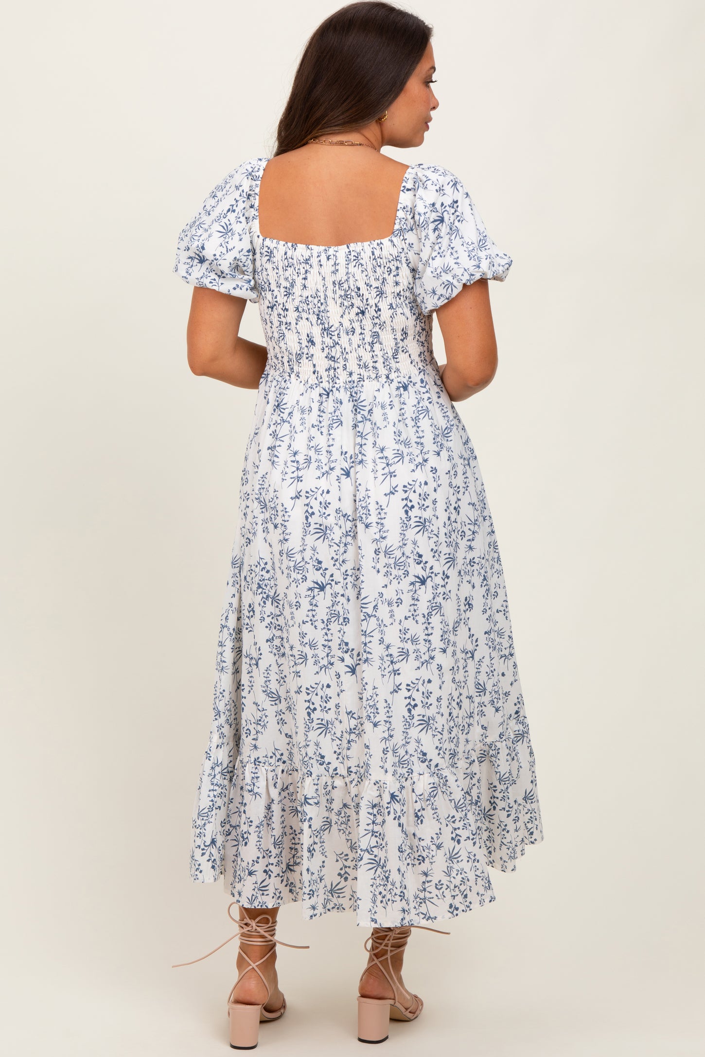 Cream Navy Leaf Printed Smocked Maternity Midi Dress