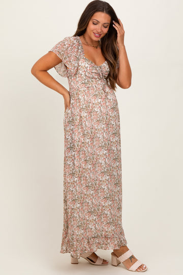 Cream Multi Flutter-Sleeved Smocked Floral Maternity Maxi Dress