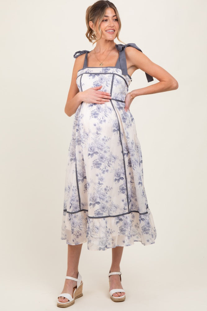 Grey Blue Floral Shoulder Tie Maternity Midi Dress