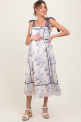 Grey Blue Floral Shoulder Tie Maternity Midi Dress