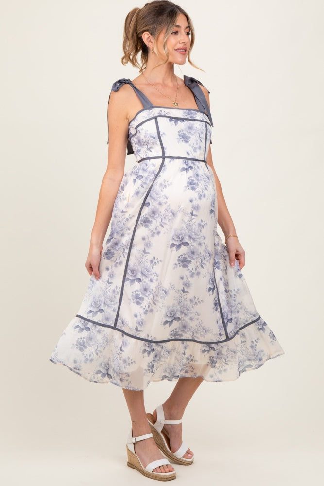 Grey Blue Floral Shoulder Tie Maternity Midi Dress