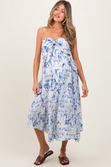 Blue Adjustable Strap Tie Front Maternity Midi Dress