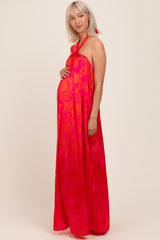 Fuchsia Multi Halter Flower Neck Accent Maternity Maxi Dress