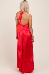 Fuchsia Multi Halter Flower Neck Accent Maternity Maxi Dress
