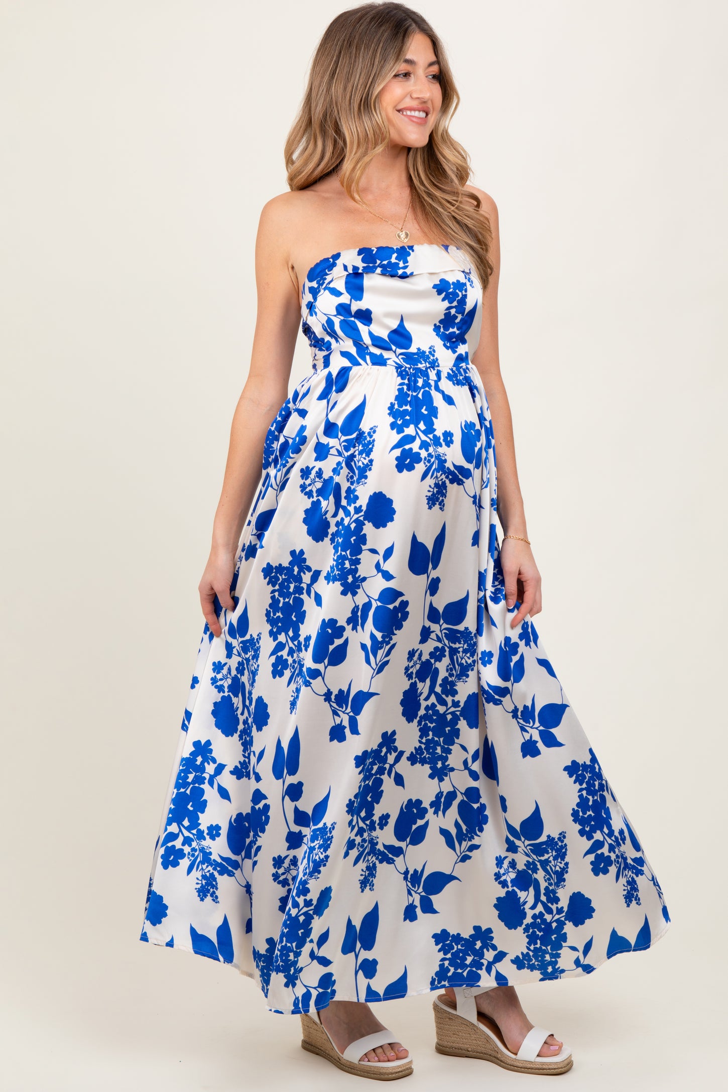 Blue Strapless Back Tie Maternity Maxi Dress
