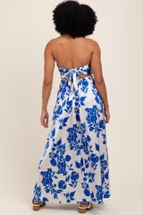 Blue Strapless Back Tie Maxi Dress