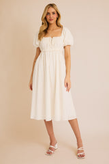White Eyelet Lace Puff Sleeve Midi Dress