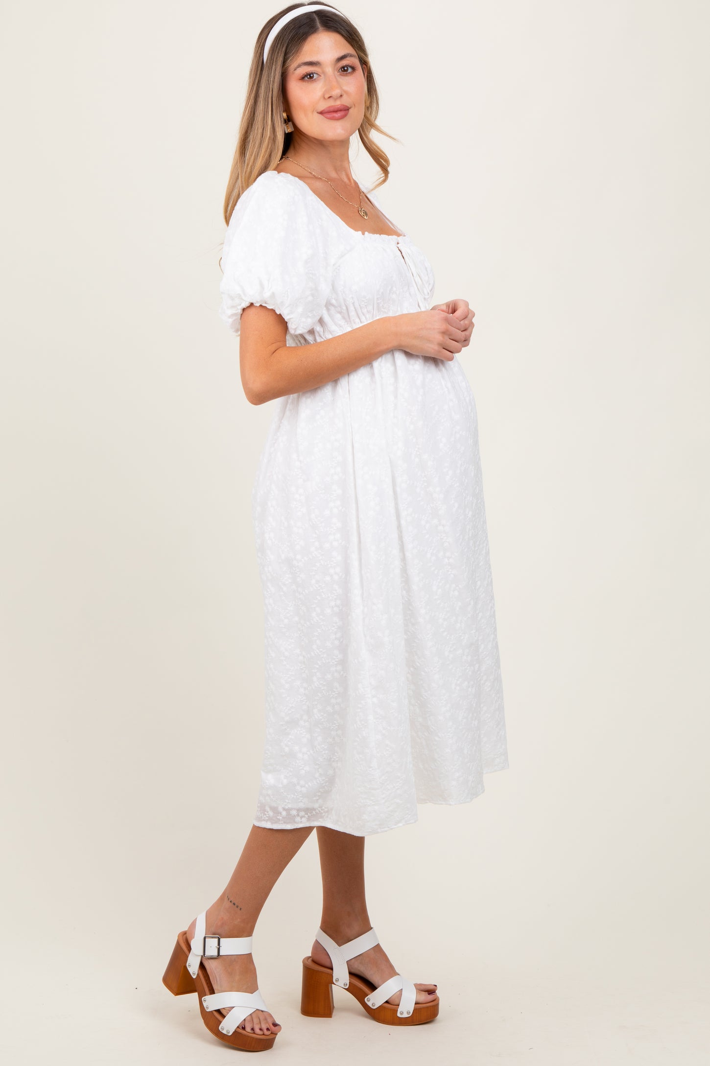White Eyelet Lace Puff Sleeve Maternity Midi Dress