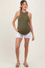 White Distressed Fringe Hem Maternity Jean Shorts